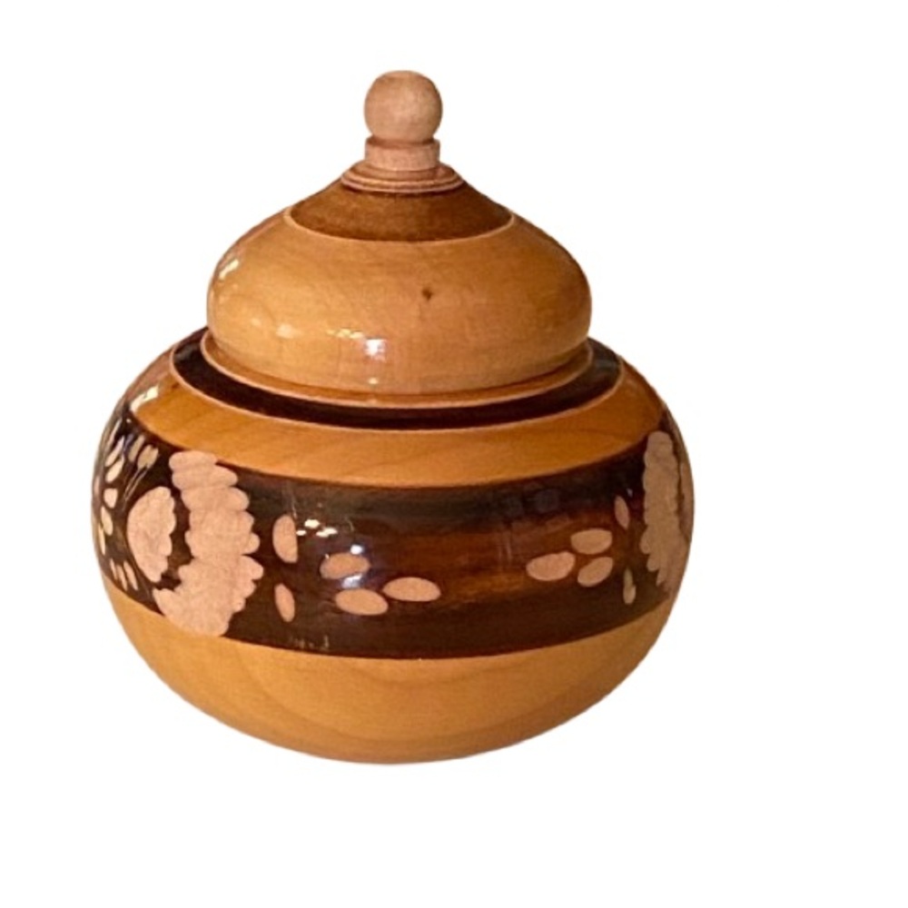 Hand Carved Mexican Wooden 3" Trinket Box w/ Lid Signed Boho Farmhouse EUC